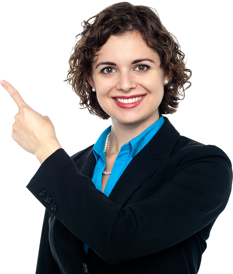 Smiling Business Professional Pointing Away